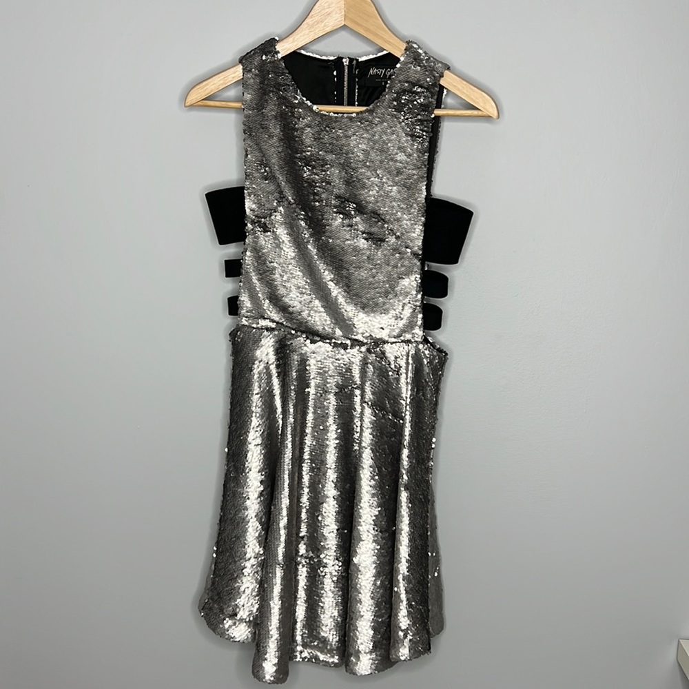 Nasty Gal Silver Sequin Cutout Dress with Black Side Straps Womens size Small